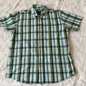 Prana Green Plaid Organic Cotton Blend Short Sleeve Shirt Size Large